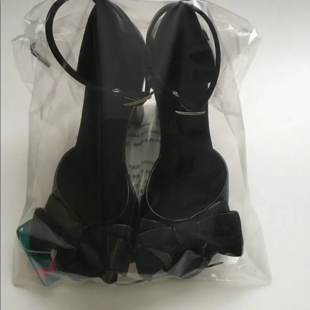 Zaxy Diva Top II Black Bow Heels Sandals Size 5 (Fits 6) Made in Brazil NWT